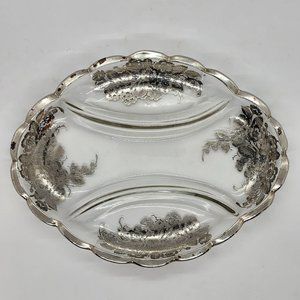 vintage silver overlay glass floral design divided candy, nut relish dish